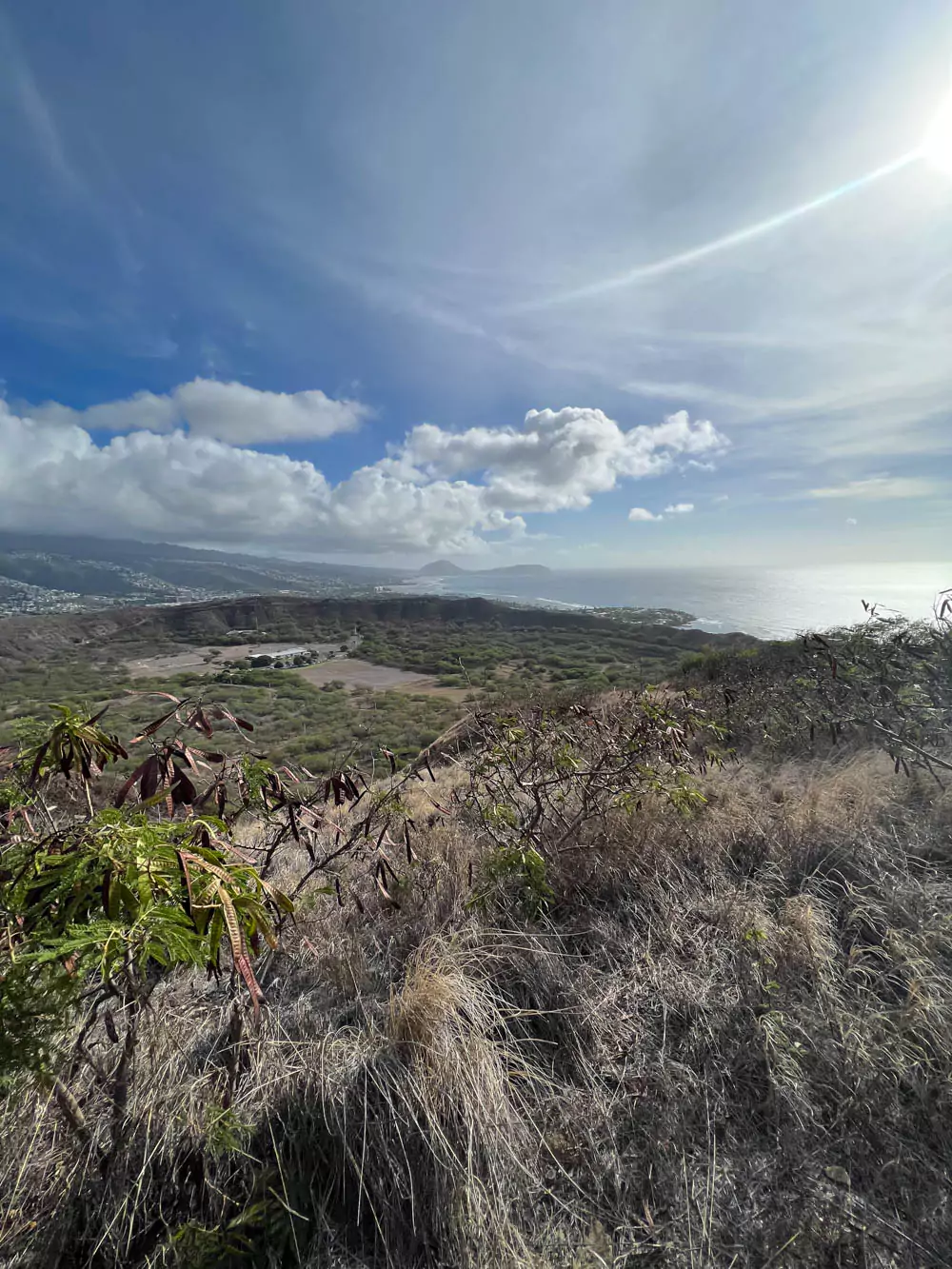 view of Diamond Head crater on Oʻahu, Hawaii, showing the vast volcanic bowl surrounded by rugged ridges and lush urban landscape below.