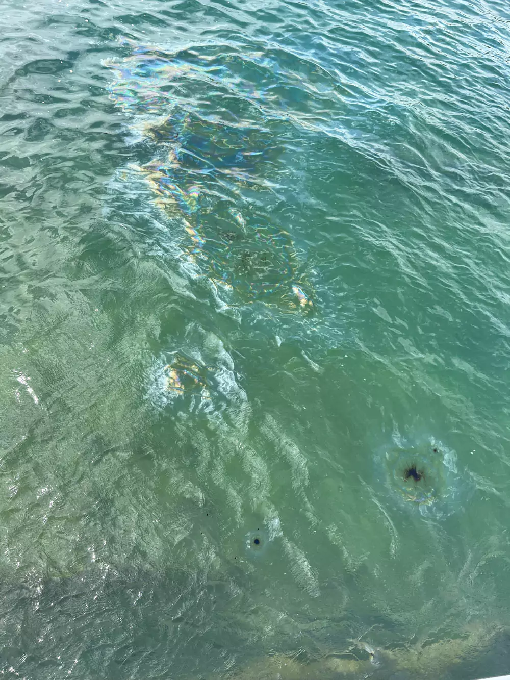 Drops of oil—known as the “black tears”—rising from the sunken USS Arizona in Pearl Harbor, creating shimmering patterns on the surface near the white memorial structure.