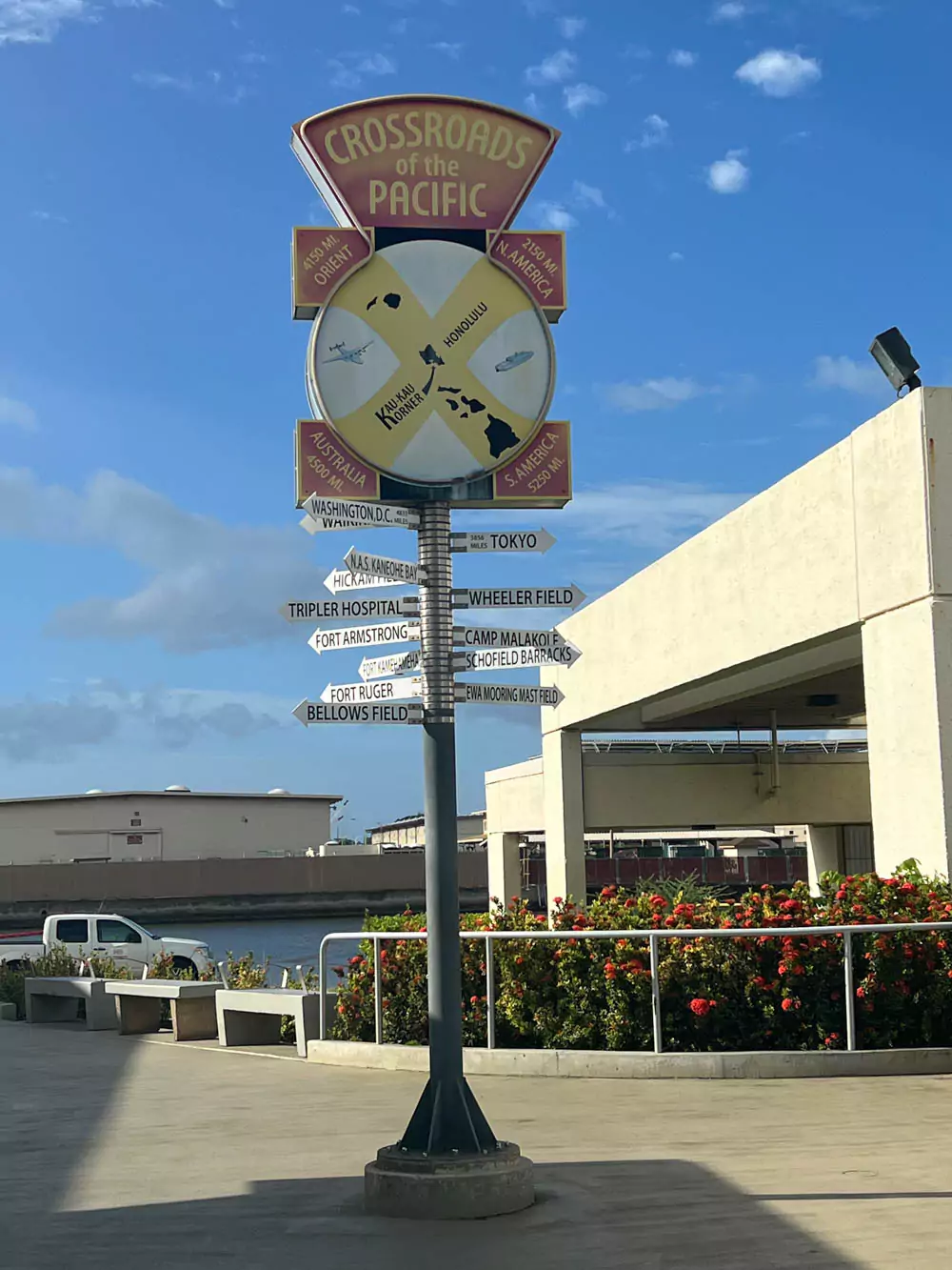 “Crossroads of the Pacific” sign at the Pearl Harbor Visitor Center on Oʻahu, featuring directional arrows pointing to major global cities, symbolizing Hawaii’s strategic location.
