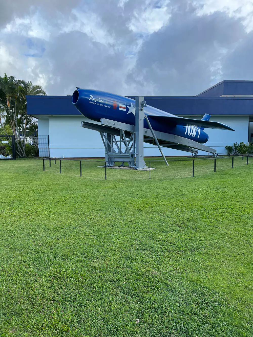 Regulus on display at Pearl Harbor, mounted on a platform with informational signage, representing Cold War-era naval weaponry.