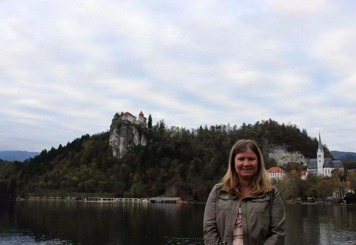 Katie standing at the edge of Lake Bled 2