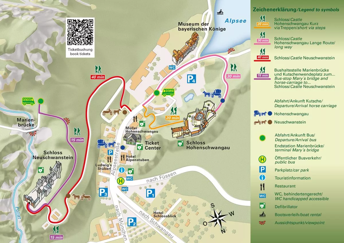 2D illustrated map of Schwangau Village, Hohenschwangau, and Neuschwanstein Castle in Bavaria, Germany, showing hiking trails, castle locations, roads, shuttle stops, and key landmarks in the surrounding alpine landscape.