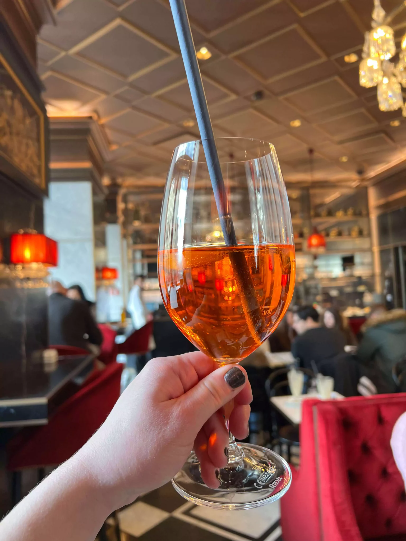 Katie’s hand holds a glass of Aperol Spritz at Café Sacher in Vienna, Austria, with the drink’s vibrant orange hue glowing in the sunlight. The elegant table setting and iconic location hint at a stylish and relaxing Viennese afternoon.