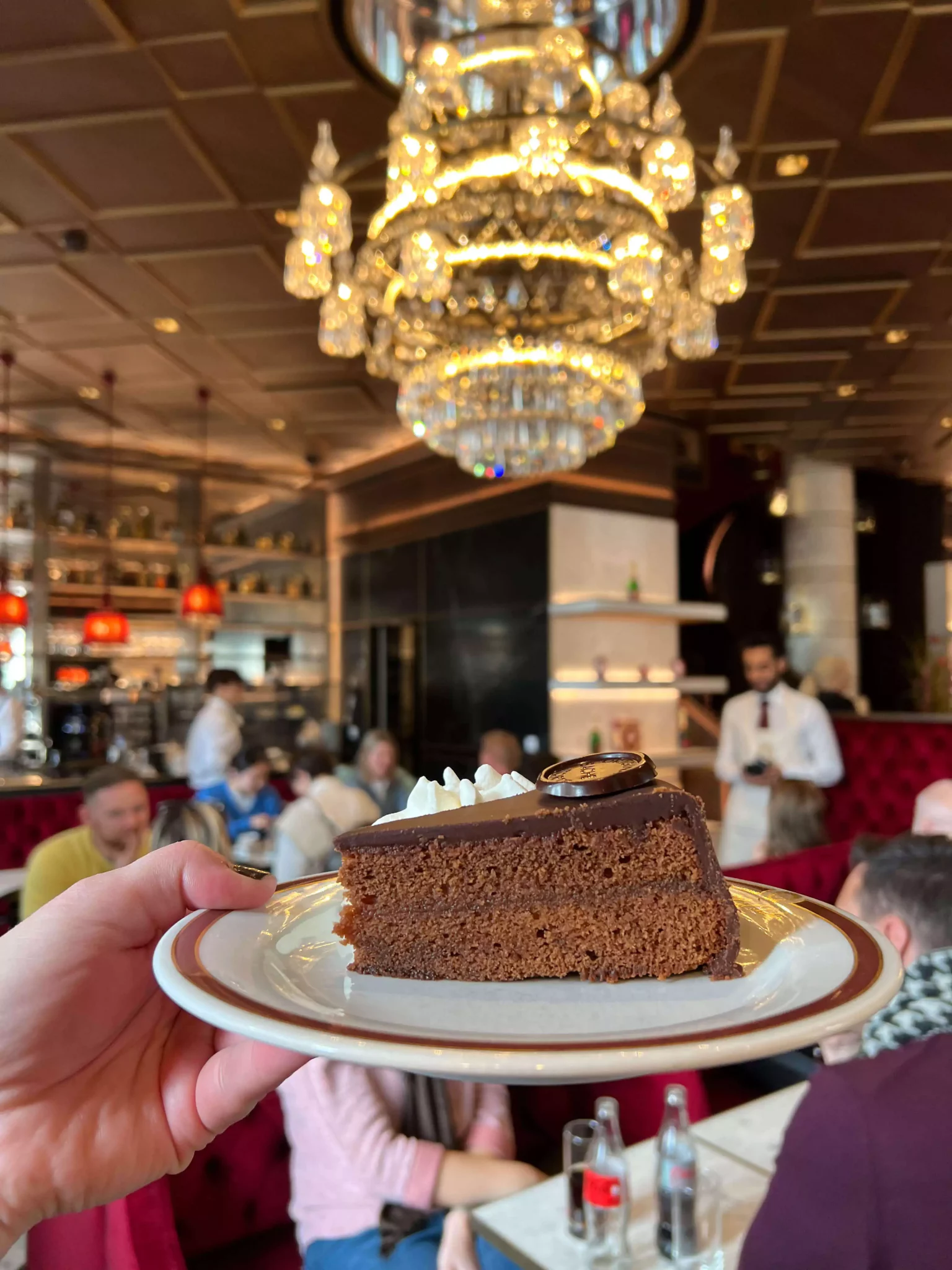 Katie holds a plate of Sachertorte at Café Sacher in Vienna, Austria, presenting the iconic chocolate cake topped with a glossy glaze and served with a dollop of whipped cream. Her smile and the elegant setting capture the joy of this classic Viennese treat.