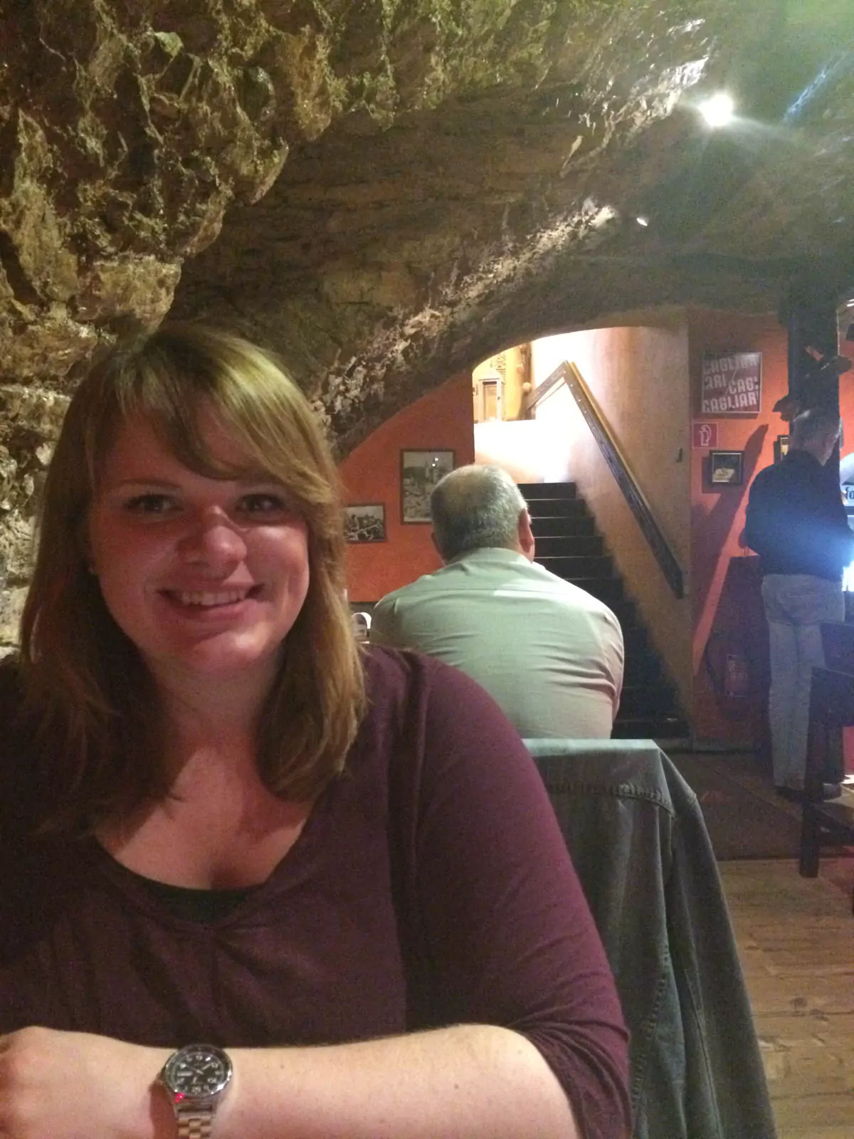 Amanda dining or posing at the Slovak Restaurant and Pub in Banská Bystrica