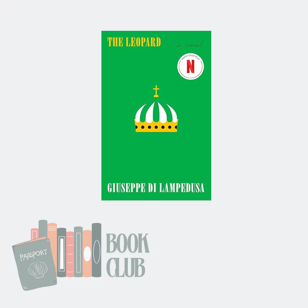The book cover for The Leopard by Giuseppe Tomasi di Lampedusa features a rich, deep red background adorned with a golden emblem of a leaping leopard, symbolizing the Salina family's noble heritage. The title appears in bold, uppercase serif font at the top, with the author's name displayed below in a complementary style. This design reflects the novel's themes of aristocratic decline and the sweeping changes of 19th-century Sicily.