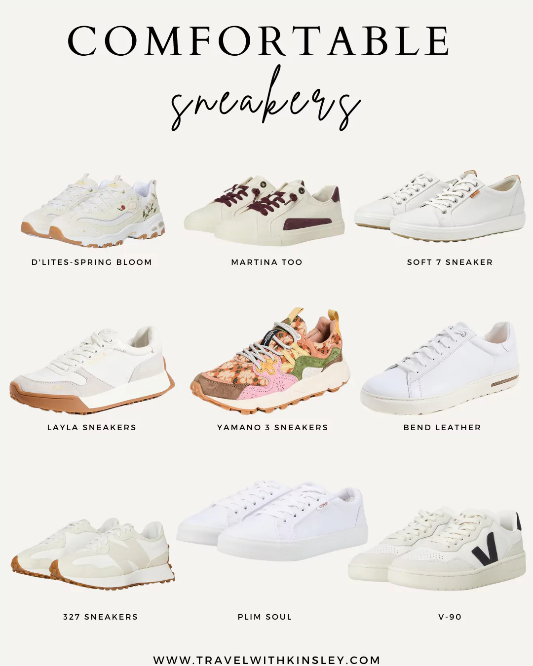 Comfortable Travel shoes and sneakers for walking in Italy - Collage of trendy sneakers including Sketchers, New Balance, Vejas, Birkenstock, ECCO