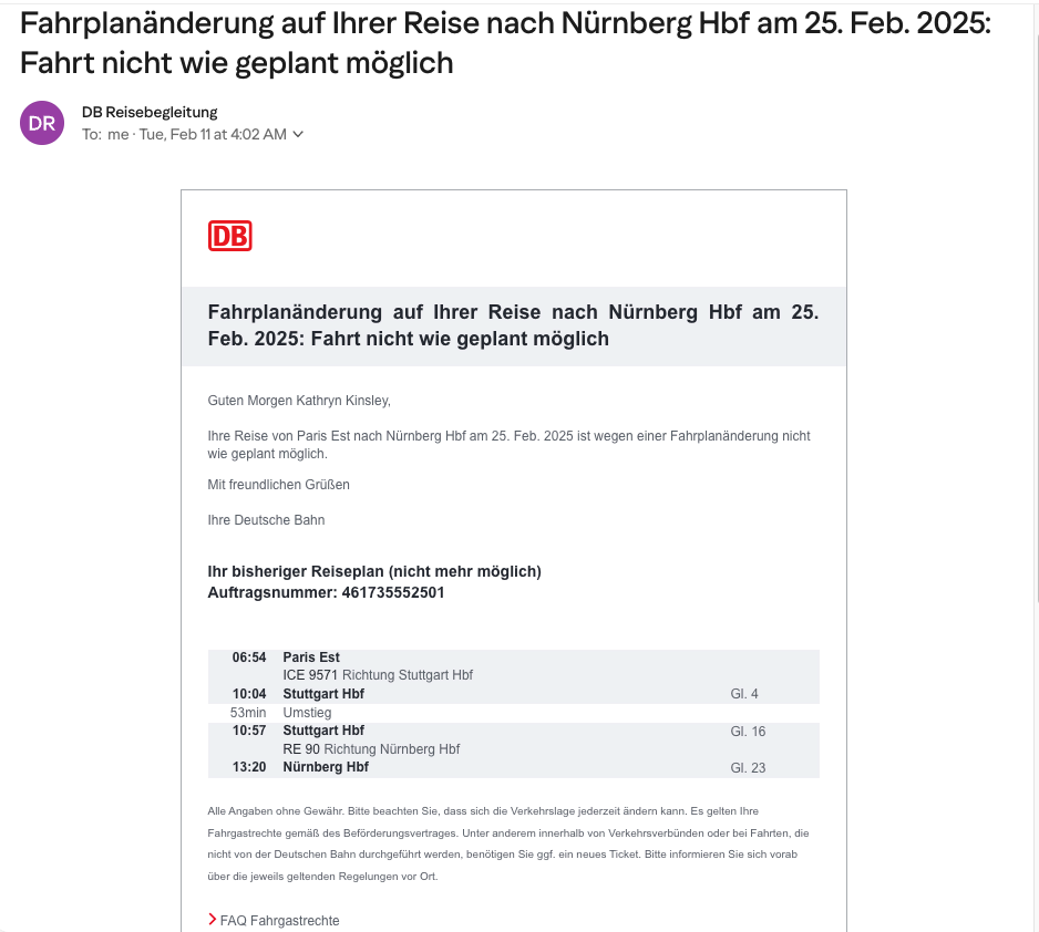 email from DB Reisebegleitung