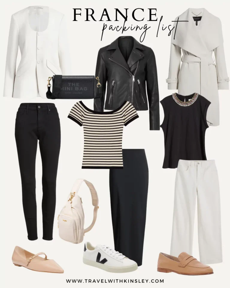 Collage of women’s winter clothing items for a trip to France, including a wool coat, knit sweater, thermal leggings, waterproof boots, scarf, gloves, beanie, and crossbody bag