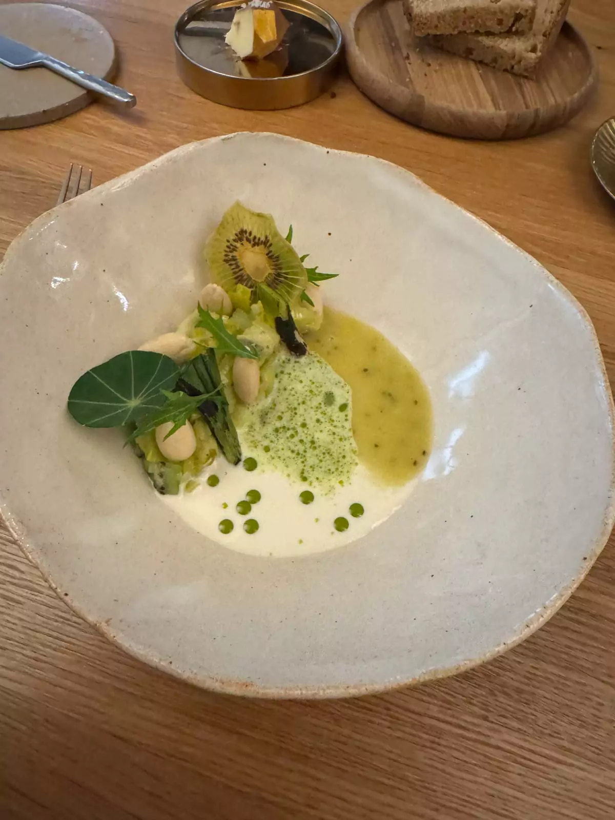 Lunch dish of leeks with kiwi and almond at Auberge Nicolas Flamel in Paris, France, artfully plated with bright colors and textural contrast, showcasing modern French culinary innovation.