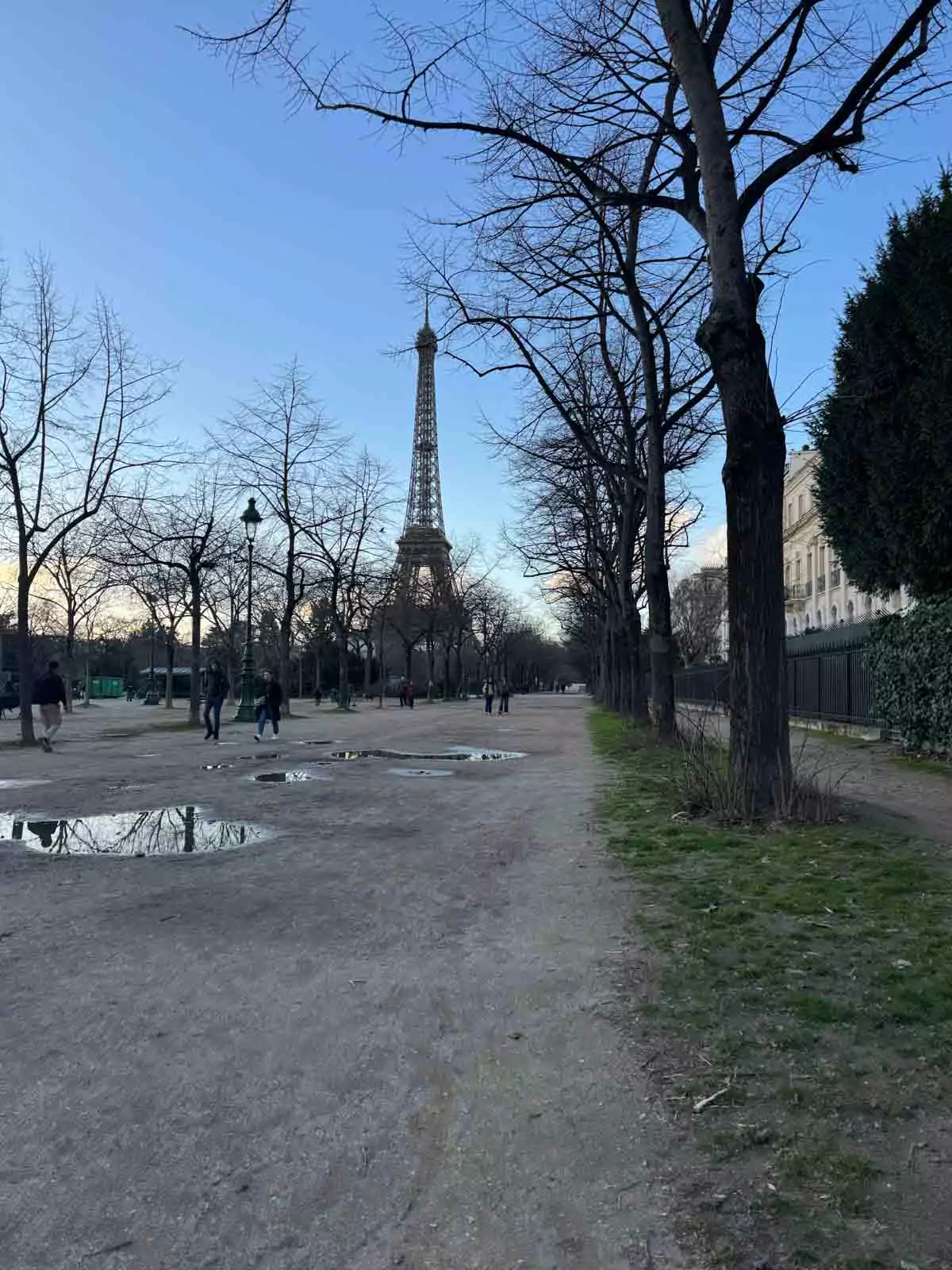 View of the Eiffel Tower from the Champs de Mars in Paris, France, with the tower rising majestically above the expansive green lawn and paths lined with trees — a classic perspective