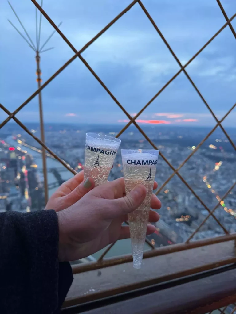 Glass of champagne held aloft at the top of the Eiffel Tower in Paris, France, with panoramic city views stretching into the distance — a sparkling toast from the heights of france