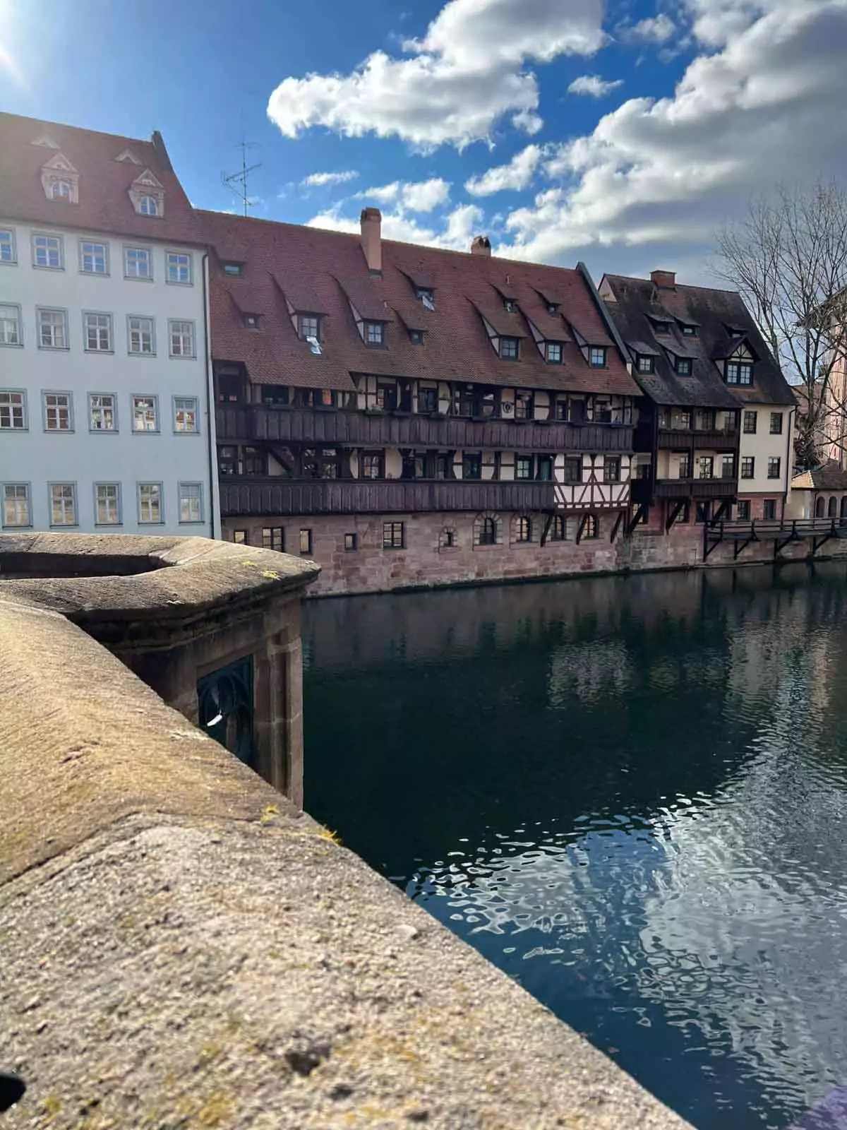 Charming German half-timbered houses lining the Pegnitz River in Nuremberg, with reflections on the water and lush greenery framing the historic architecture.