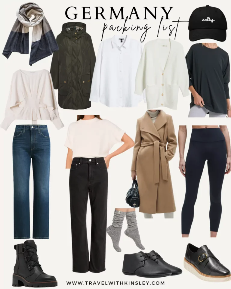 Collage of women’s winter clothing items for a trip to Germany, including a wool coat, knit sweater, thermal leggings, waterproof boots, scarf, gloves, beanie, and crossbody bag