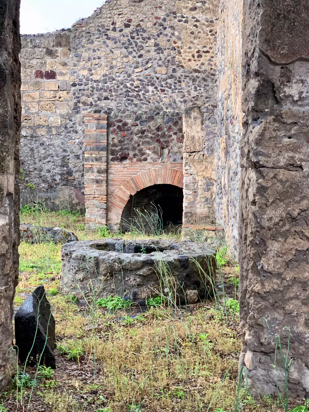 The Bakery and Workshop of Felix in the Archaeological Park of Pompeii, Italy, showing ancient stone ovens, grinding mills, and counters that illustrate daily commercial life in the Roman city before the eruption of Vesuvius.