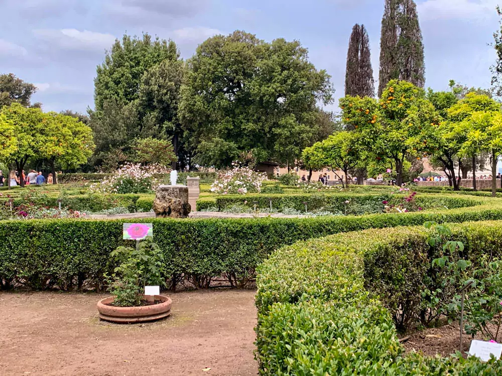 Gardens on Palatine Hill in Rome, Italy, featuring manicured hedges, tall cypress and pine trees, ancient stone pathways, and scattered ruins, offering peaceful green space amid the historic site.