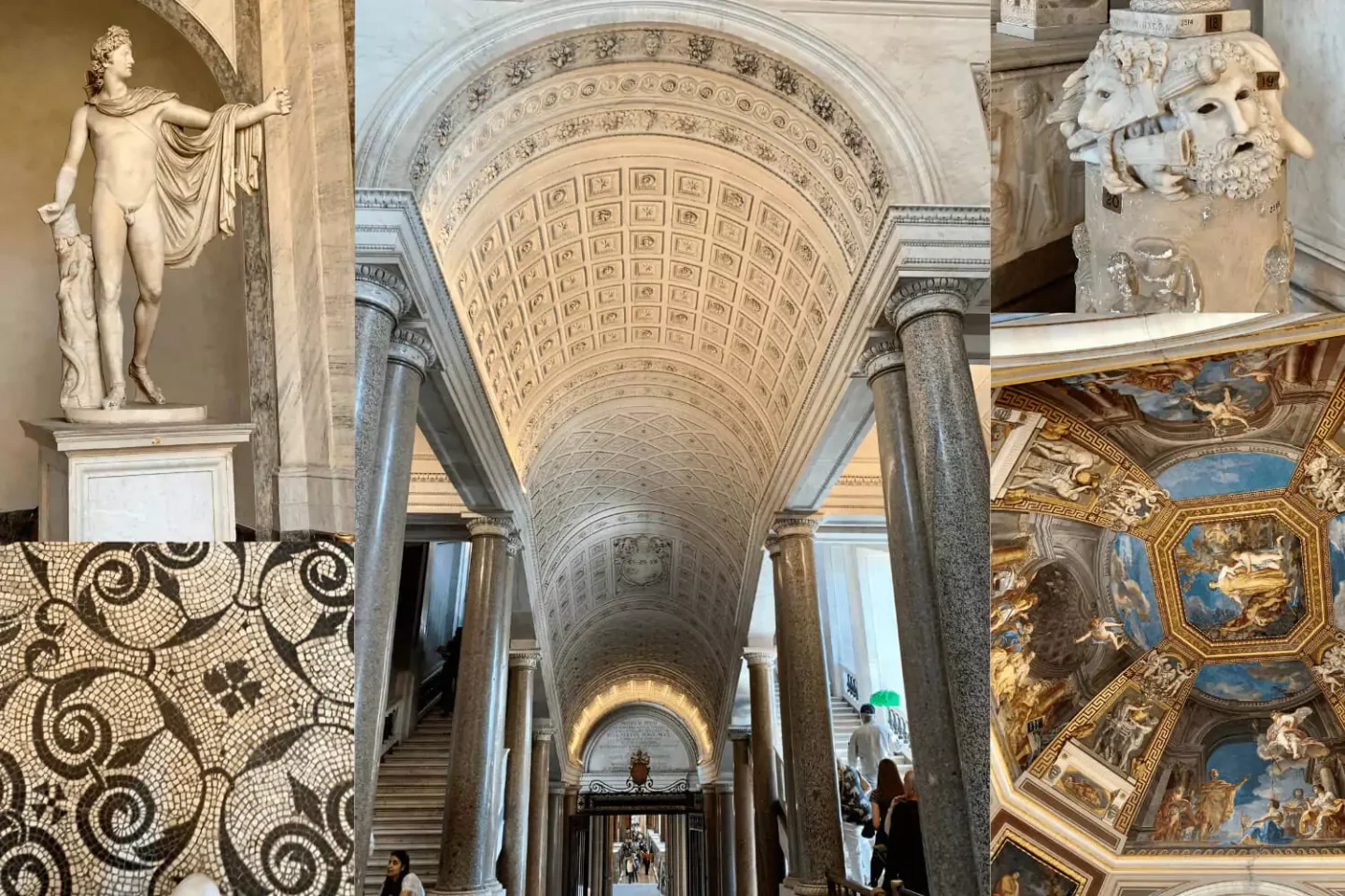 Collage of scenes from the Vatican Museums in Rome, including classical sculptures, ornate ceilings, Renaissance paintings, and detailed architectural elements. The collection captures the rich artistic and historical treasures housed within the Vatican’s grand galleries.