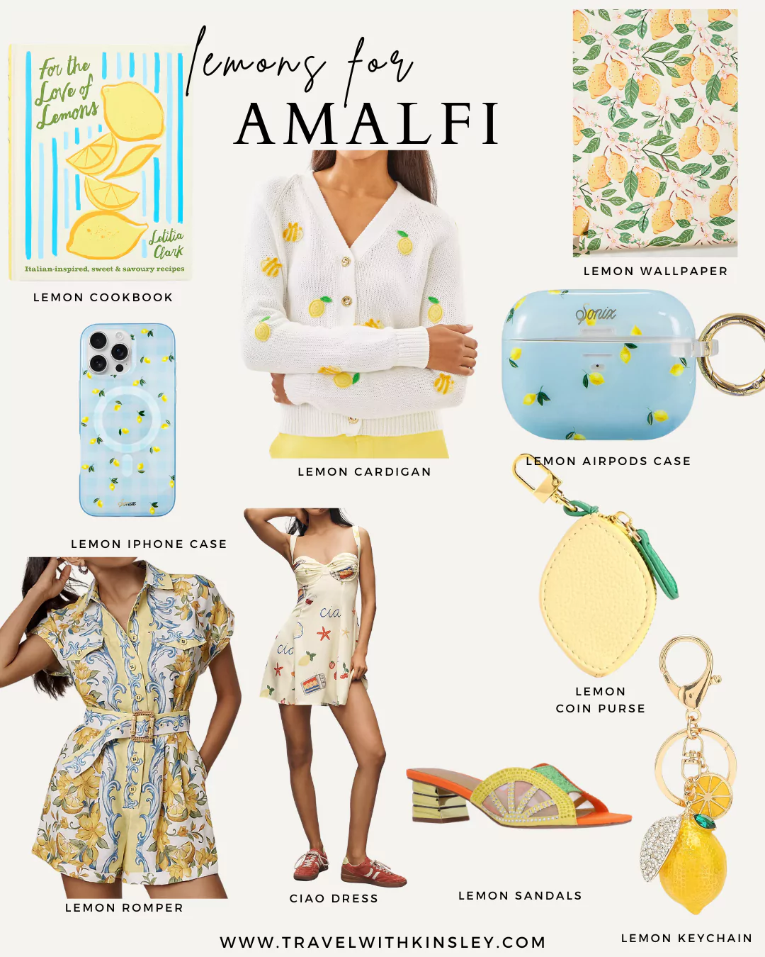 "Graphic featuring lemon-themed clothing inspired by shopping in Amalfi, including dresses, tops, scarves, and accessories with bright yellow citrus prints and coastal Italian flair