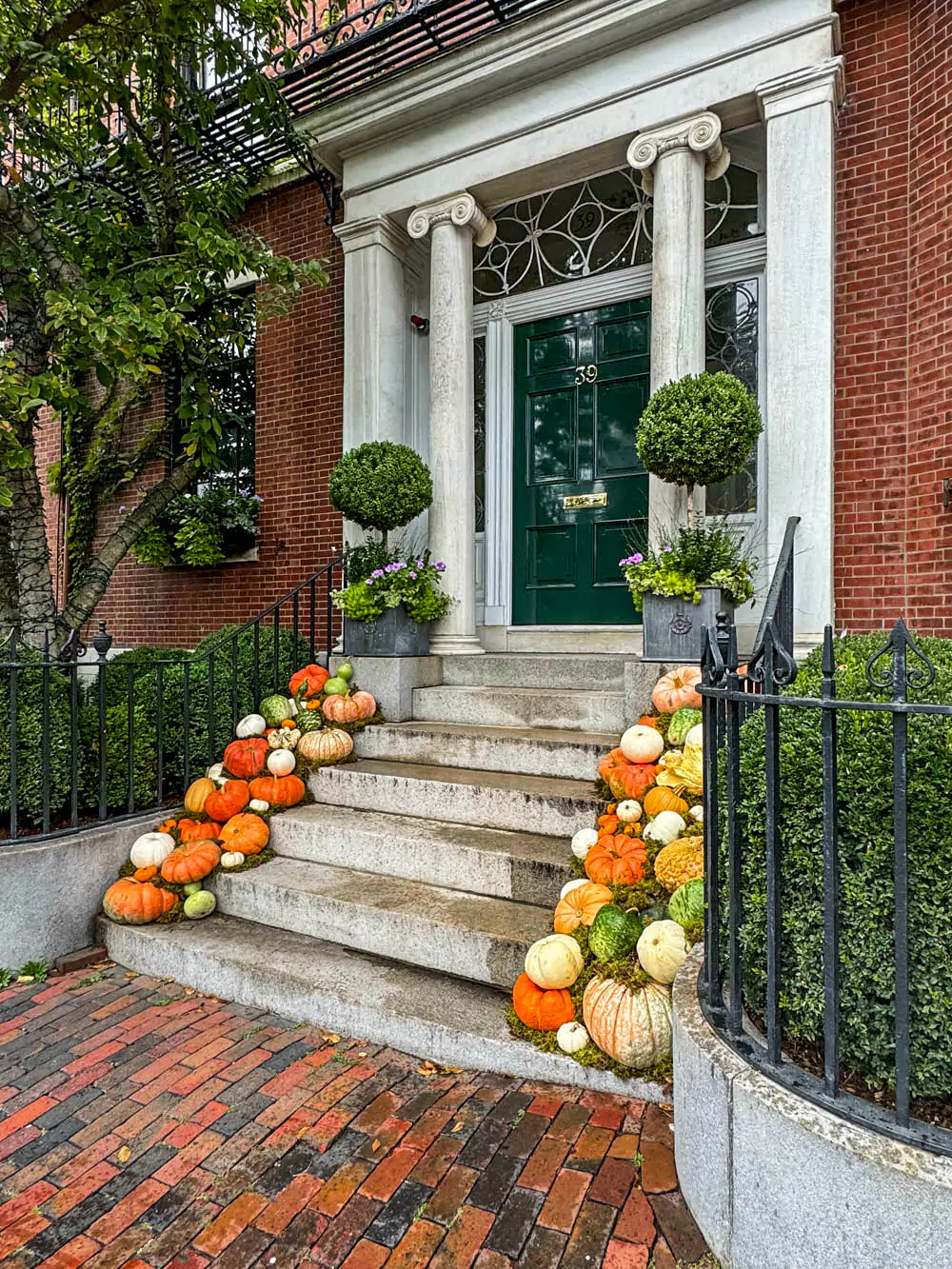 Festive pumpkins arranged on a brick porch in Beacon Hill, Boston, with autumn leaves scattered around and a classic black door in the background. The charming fall display adds seasonal warmth to the historic neighborhood setting.