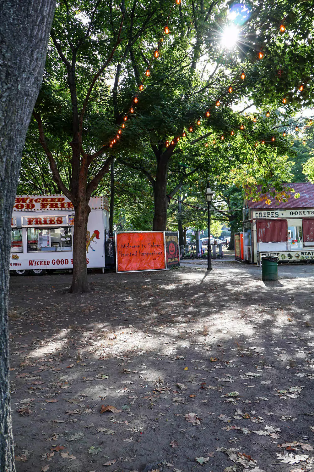 Salem’s Haunted Happenings event in a city park, featuring crowds enjoying festive booths, Halloween decorations, and costumed characters. The lively atmosphere reflects the town’s playful celebration of its spooky heritage.