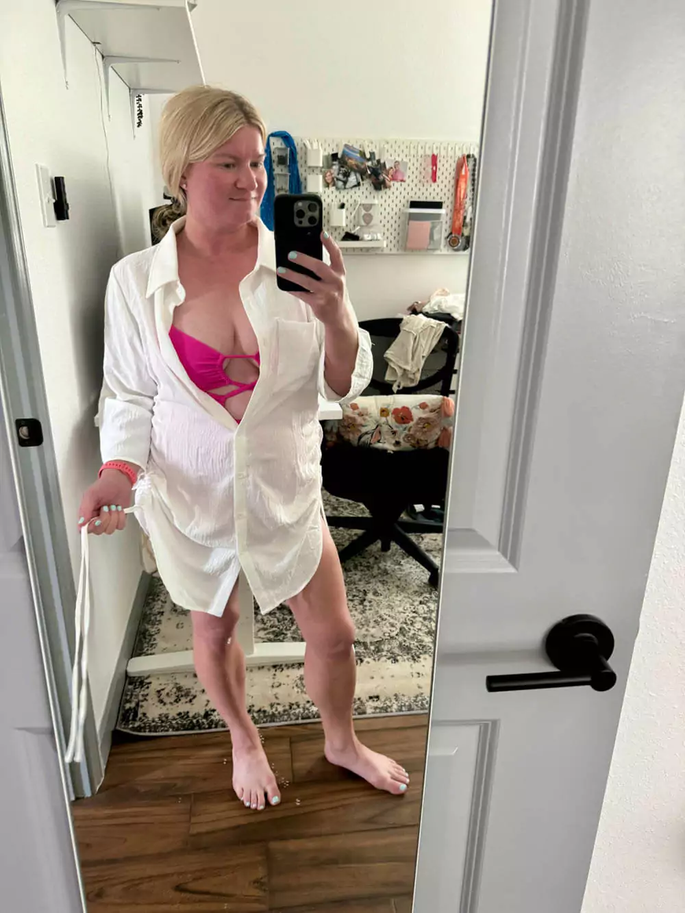White button-up cover-up for beachwear.