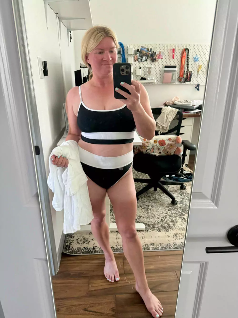 Black and white color block bikini top and bottom.