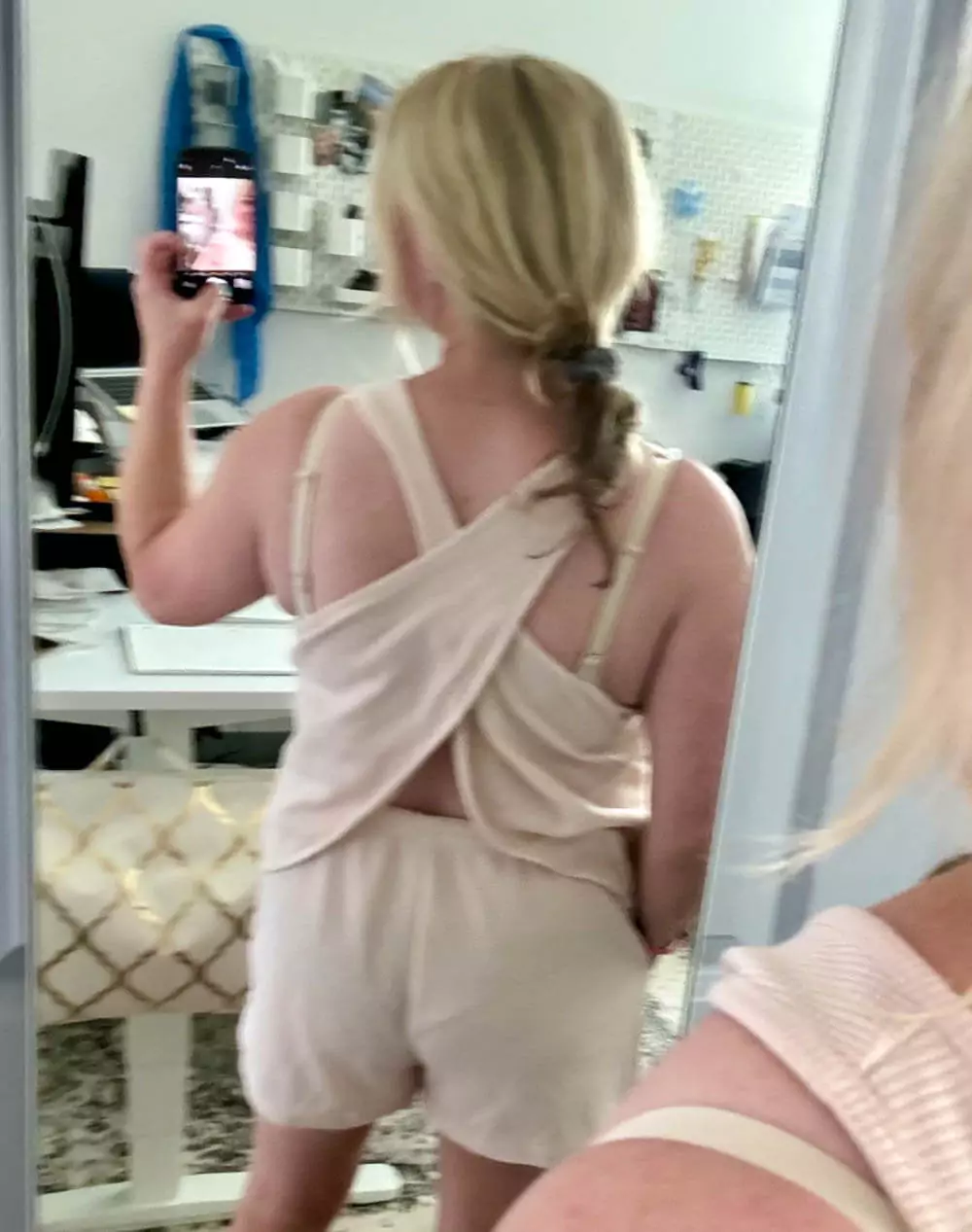Back view of pink loungewear set.