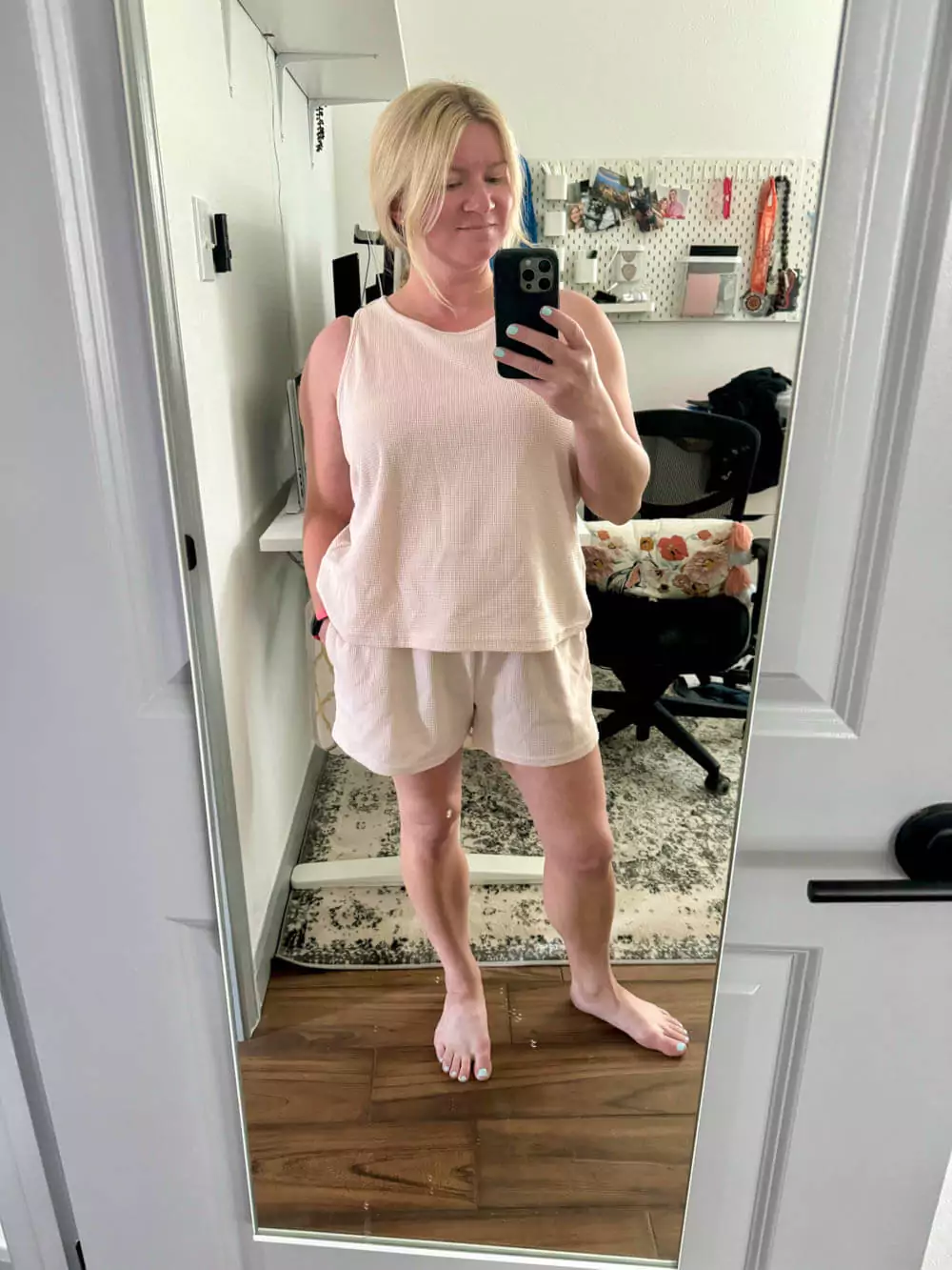 Waffle shorts and sleeveless tank loungewear set in pink.