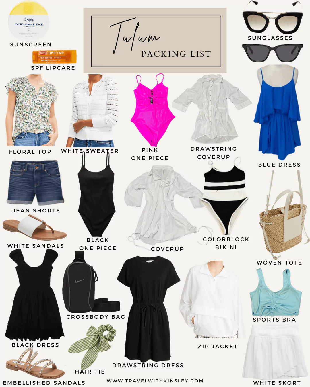 Tulum packing list graphic featuring illustrated essentials such as swimsuits, sunscreen, sandals, lightweight clothing, sunglasses, reusable water bottle, and beachwear—perfect for a tropical Mexico getaway.