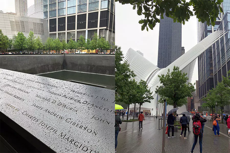 The 9/11 Memorial in New York City with its reflecting pool and engraved names, set beside the white, winged structure of the Oculus shopping center, symbolizing remembrance and renewal in the World Trade Center complex.