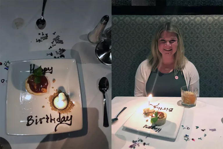 Birthday dinner scene at Ruth’s Chris Steakhouse in New York City, featuring a dimly lit table with elegant place settings, sizzling steak plates, and a celebratory dessert. The upscale ambiance reflects a special occasion in a classic fine dining setting.