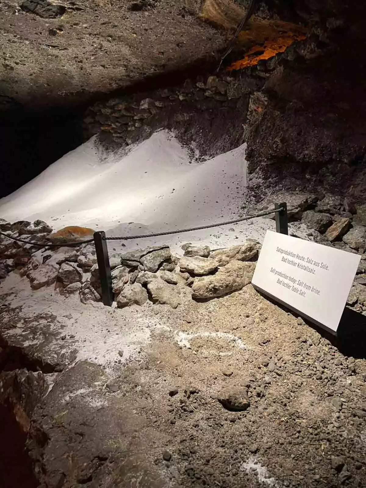 Salt produced from brine on display at the Hallstatt Salt Mine in Austria, showcasing modern salt extraction methods that continue the region’s 7,000-year-old tradition of alpine salt production.