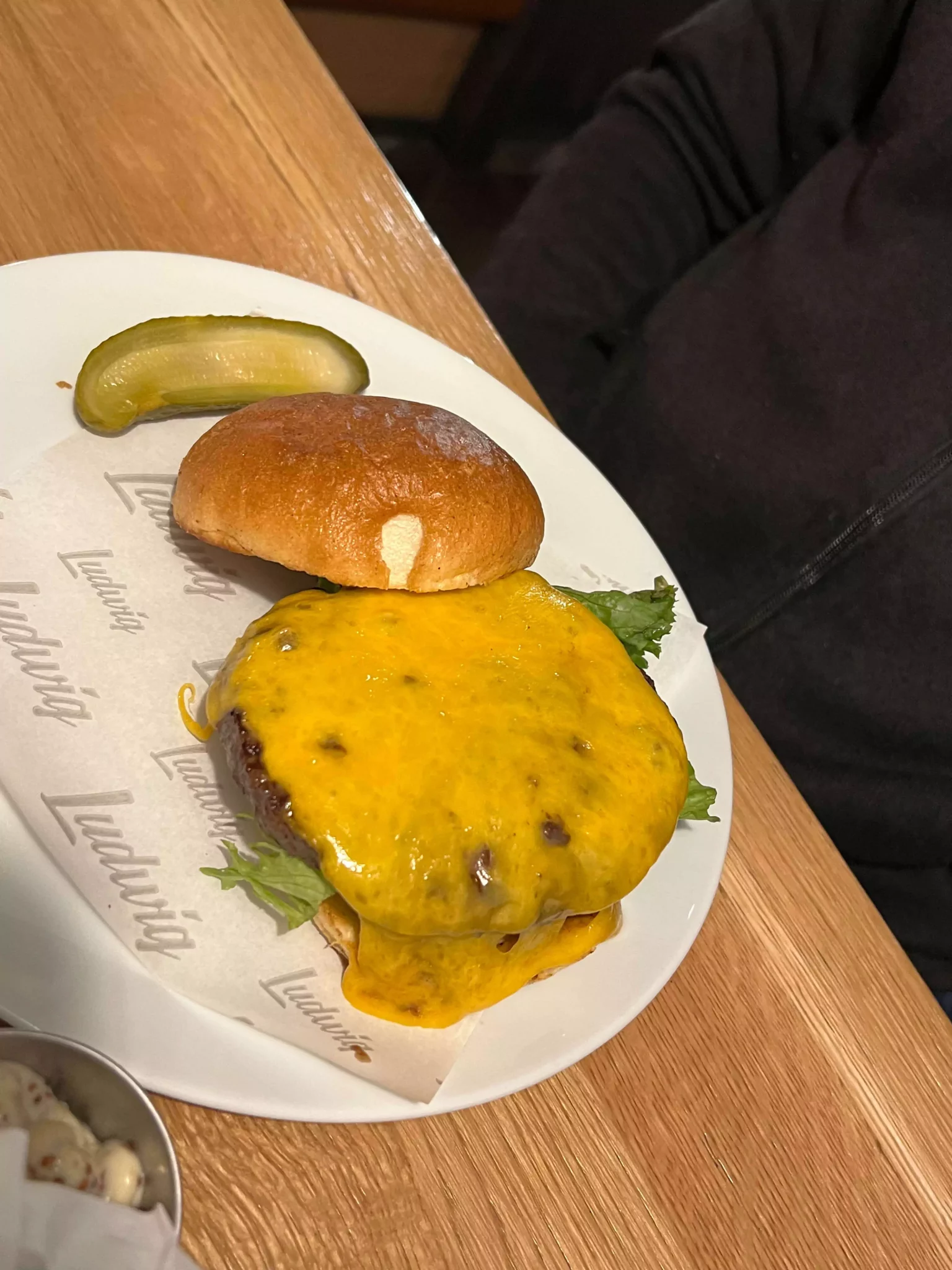 A juicy cheddar cheeseburger served at Ludwig in Salzburg, Austria, stacked with melted cheddar, lettuce, and tomato, and paired with a crisp pickle on the side. The burger’s golden bun and hearty filling highlight this modern take on a classic comfort food.