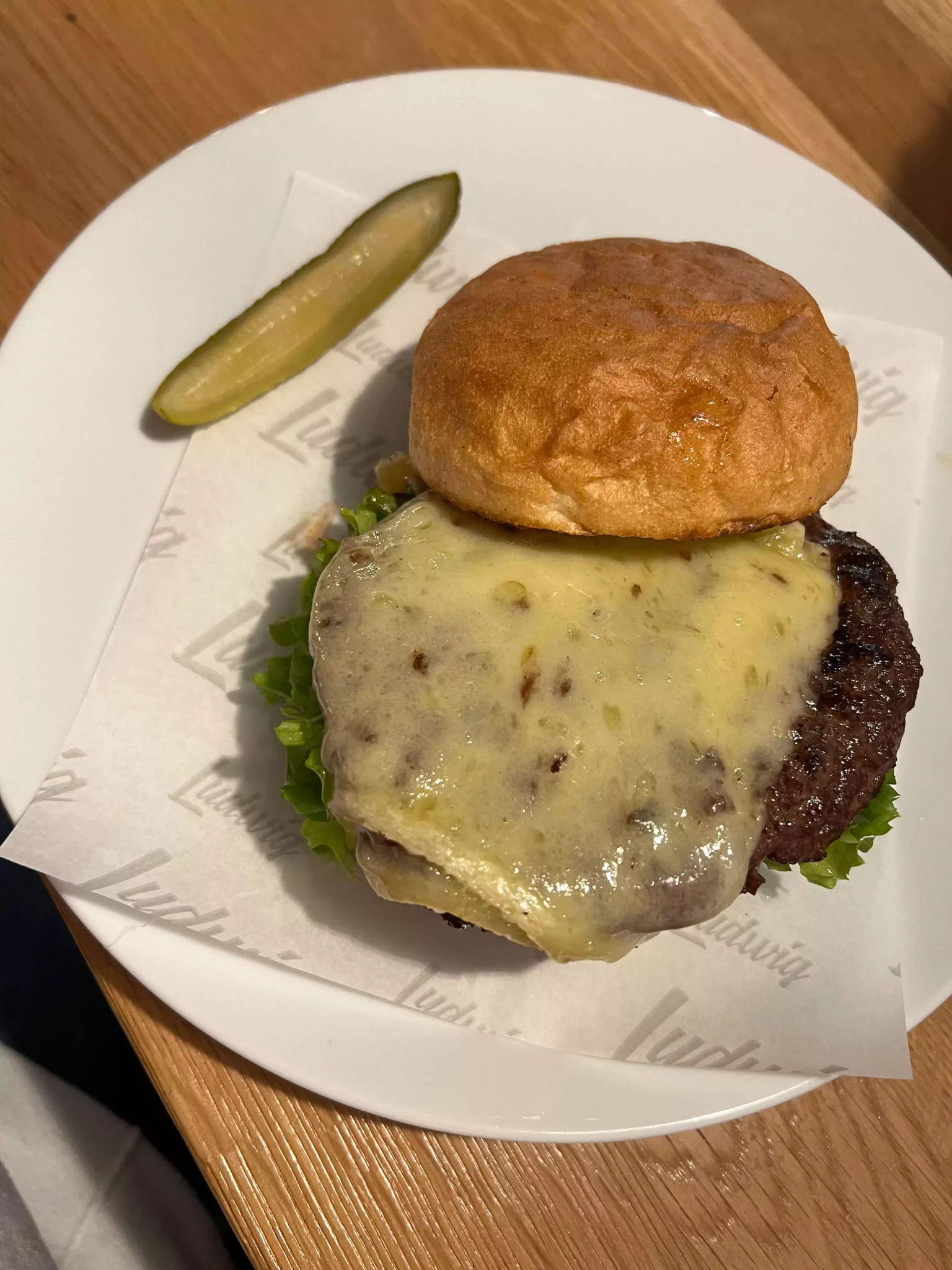 A white cheddar cheeseburger from Ludwig in Salzburg, Austria, featuring a thick beef patty topped with melted white cheddar, fresh greens, and tomato, served alongside a crunchy pickle. The artisanal bun and vibrant ingredients showcase a gourmet twist on the classic burger.