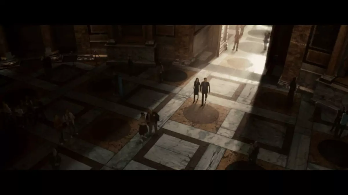 Scene reminiscent of Angels & Demons, showing a man walking toward the grand entrance of the Pantheon in Rome, with its massive Corinthian columns and iconic inscription above the doorway.
