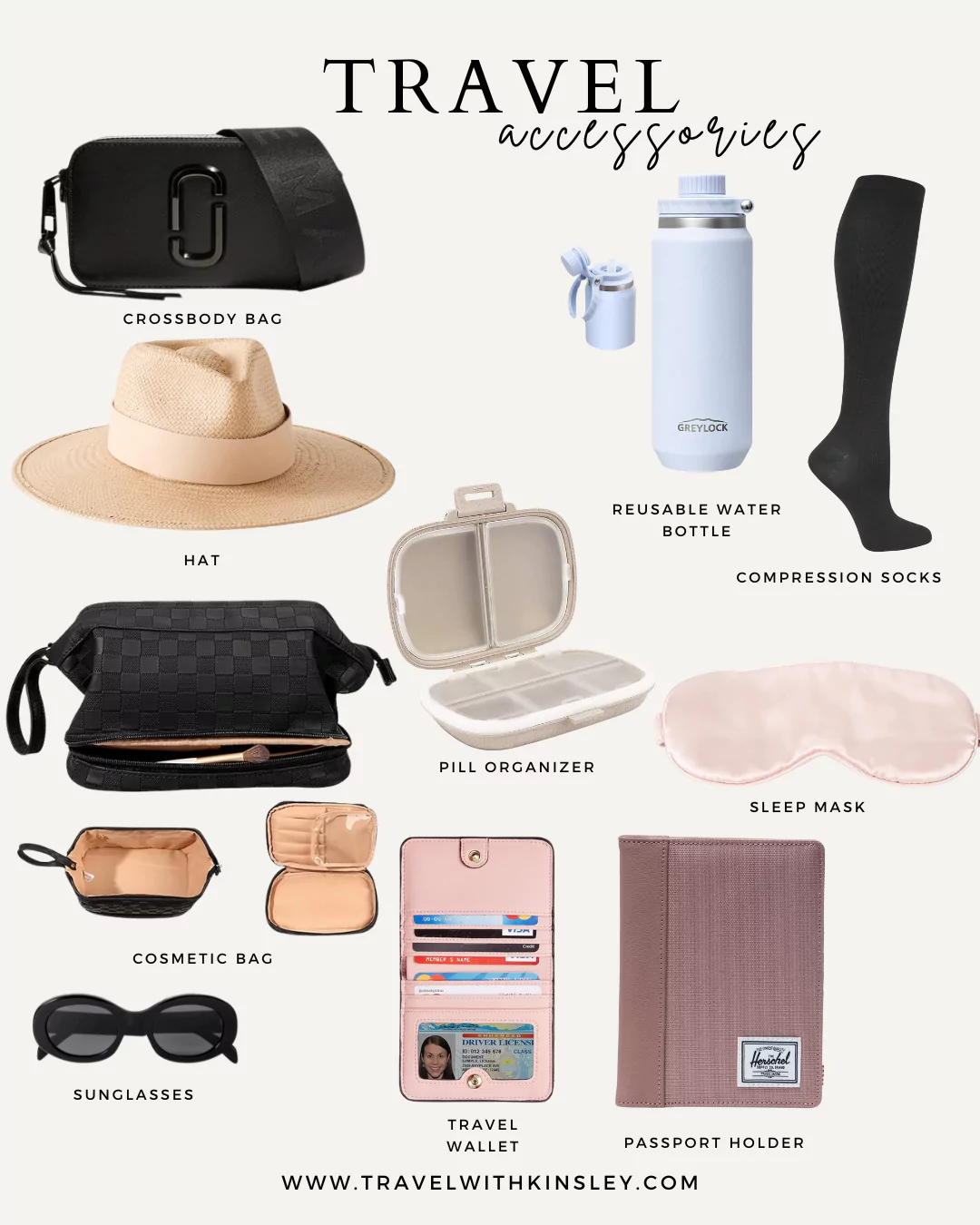 travel accessories for italy - Collage of travel accessories for Italy, featuring a power adapter, crossbody bag, packing cubes, reusable water bottle, travel-size toiletries, sunglasses, and a portable charger