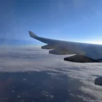 View from an airplane window over the wing over Germany