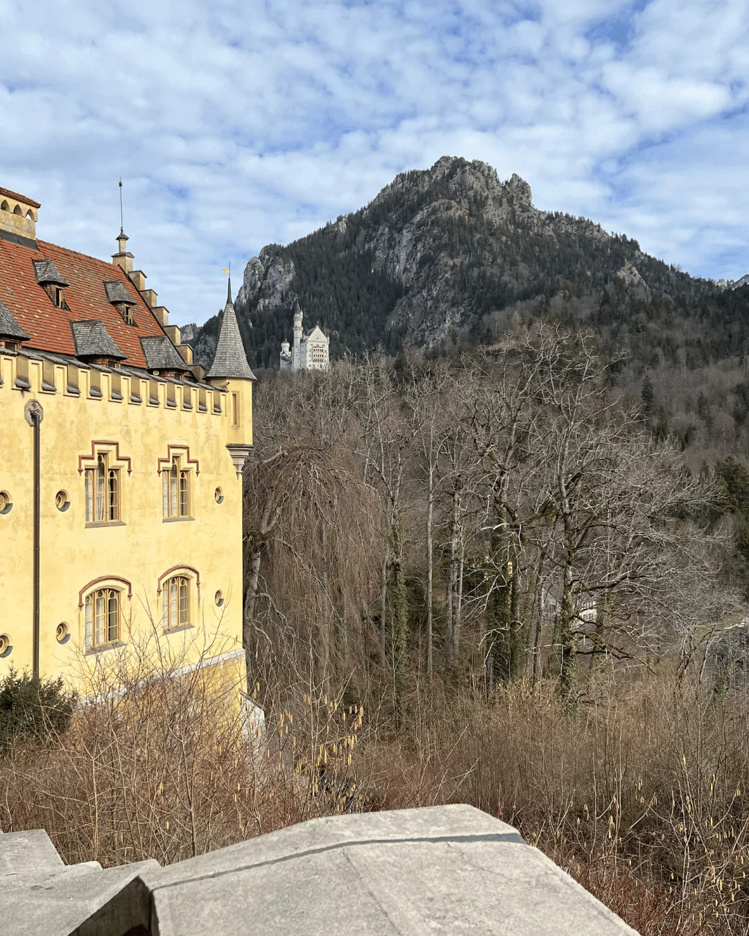 Distant view of Neuschwanstein Castle as seen from Hohenschwangau Castle in Bavaria, Germany, with the fairytale-like white towers rising above the forested hillside against an alpine backdrop.