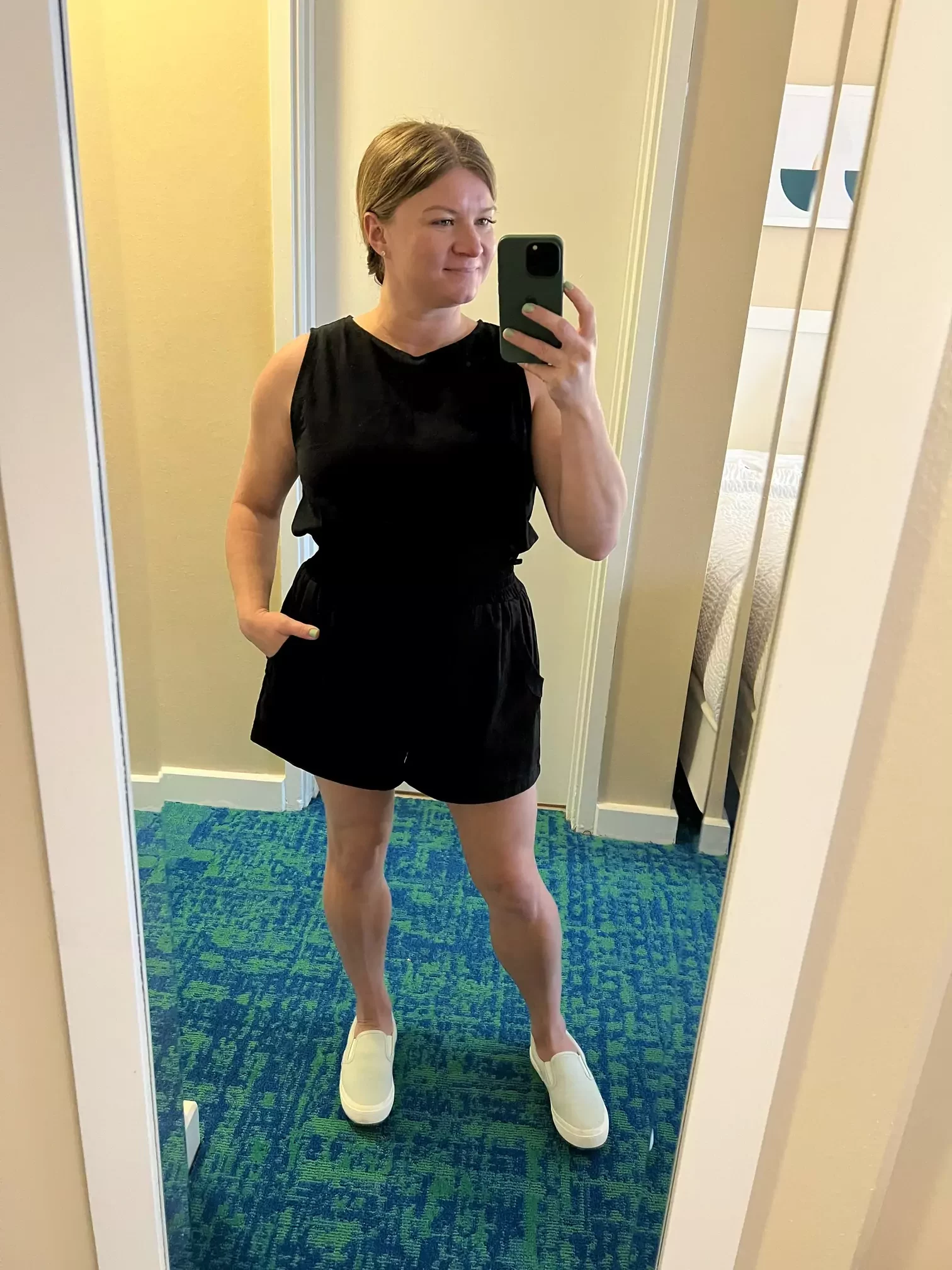 Katie wearing a black matching set from Amazon while touring Pearl Harbor in Hawaii, dressed comfortably and modestly for the historic site.