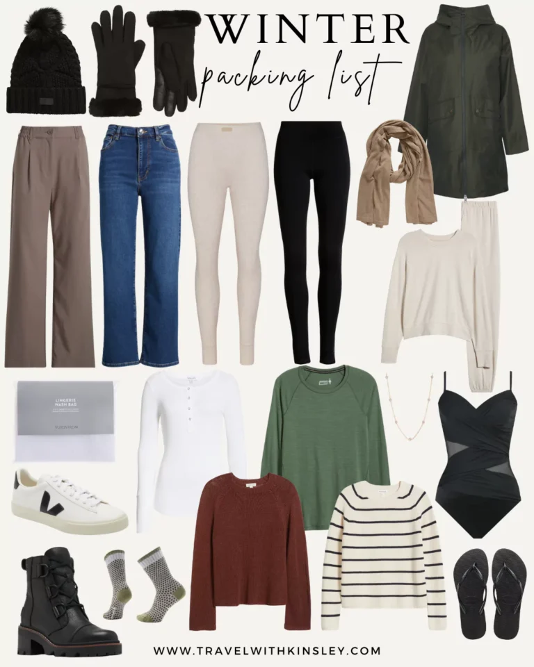 Collage of winter wardrobe essentials for city hopping in Europe, including wool socks, cozy pajamas, thermal tops and leggings, jeans, an insulated coat, scarf, hat, touchscreen gloves, earmuffs, neutral sweaters, waterproof boots, comfy walking shoes, and travel extras