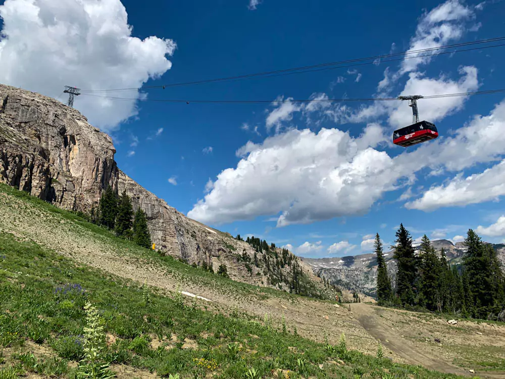 A gondola cabin suspended on cables above snow-covered mountain slopes at Jackson Hole Mountain Resort, with clear blue skies and rugged peaks in the background. The lift offers scenic views for skiers and tourists.